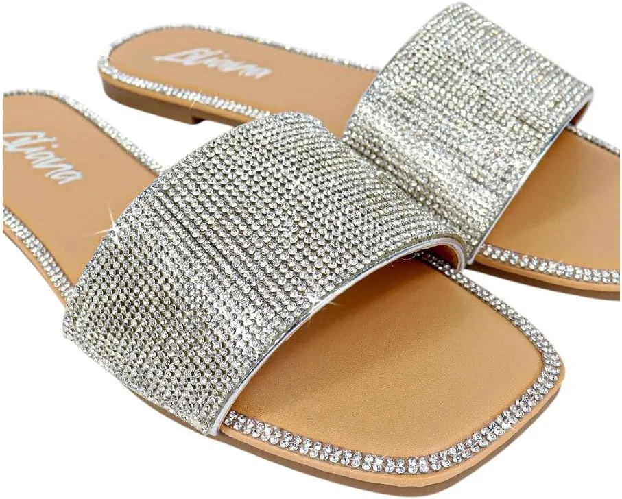 Liliana Womens Rhinestone Flat Sandals Slip On Slide sandals