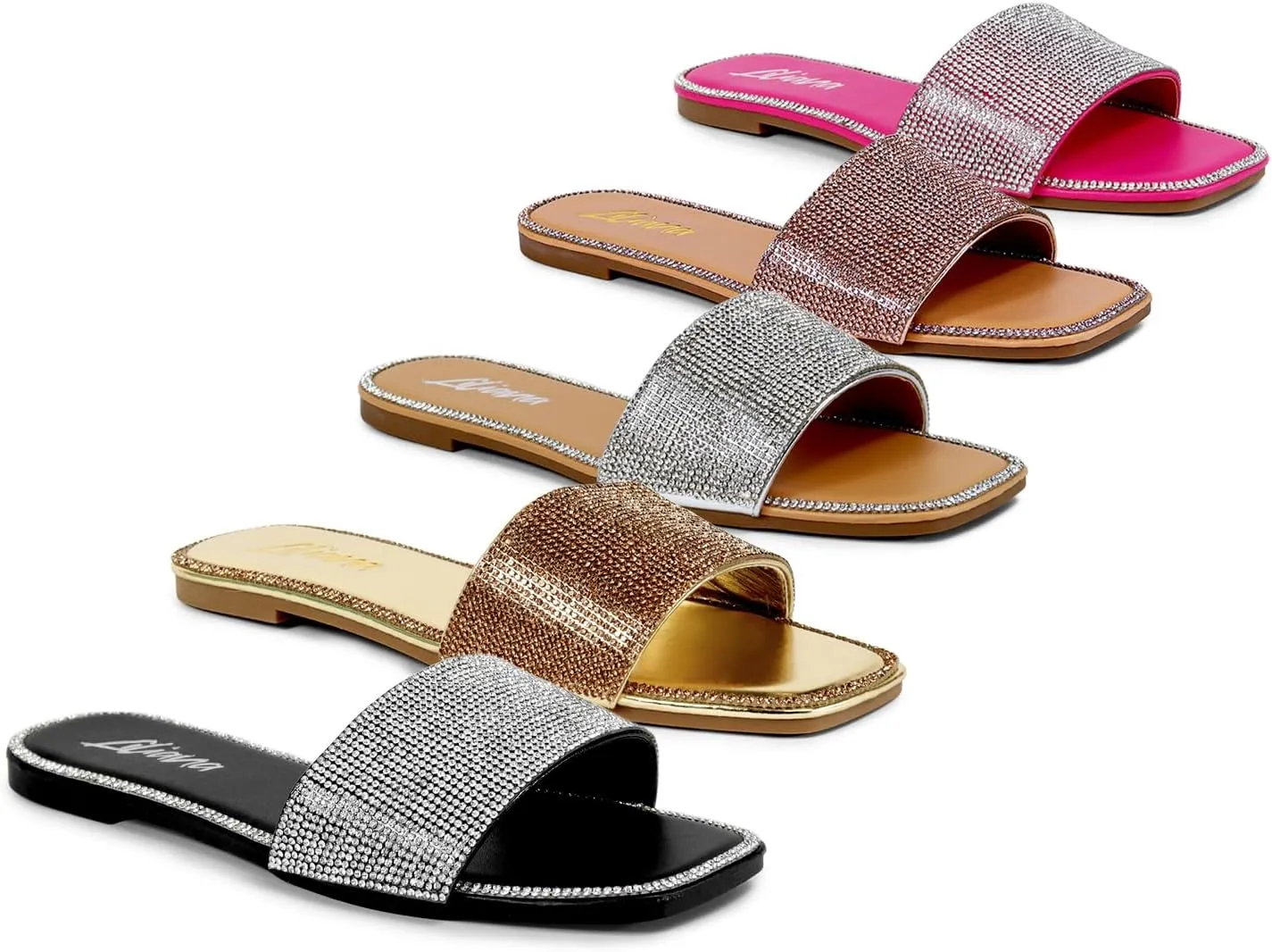 Liliana Womens Rhinestone Flat Sandals Slip On Slide sandals