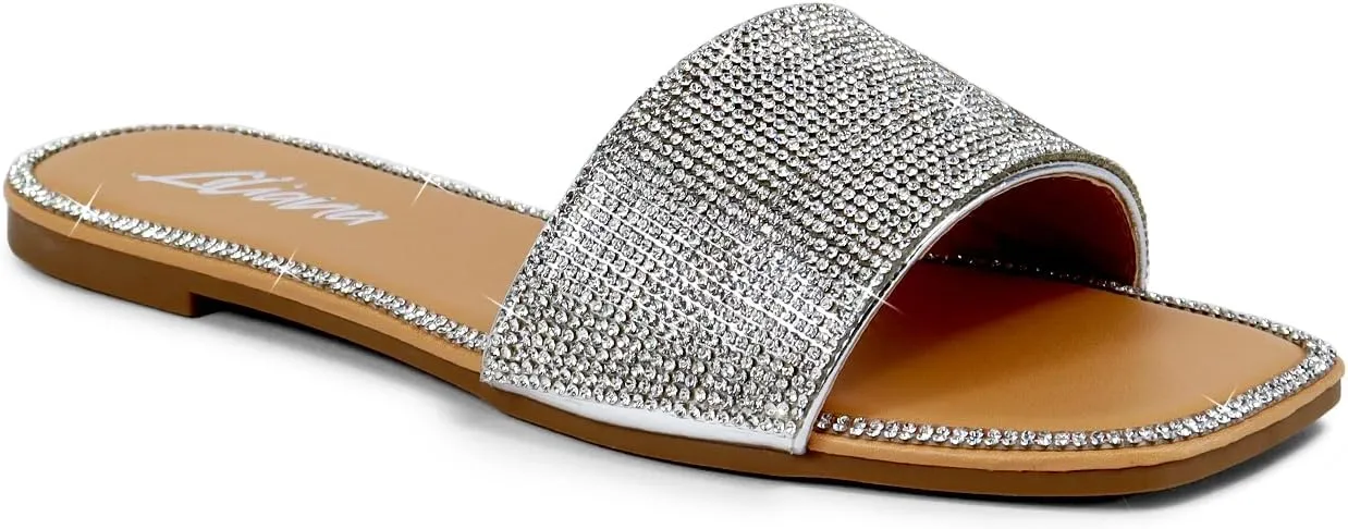 Liliana Womens Rhinestone Flat Sandals Slip On Slide sandals