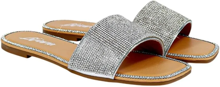 Liliana Womens Rhinestone Flat Sandals Slip On Slide sandals