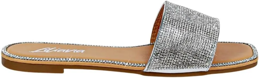 Liliana Womens Rhinestone Flat Sandals Slip On Slide sandals