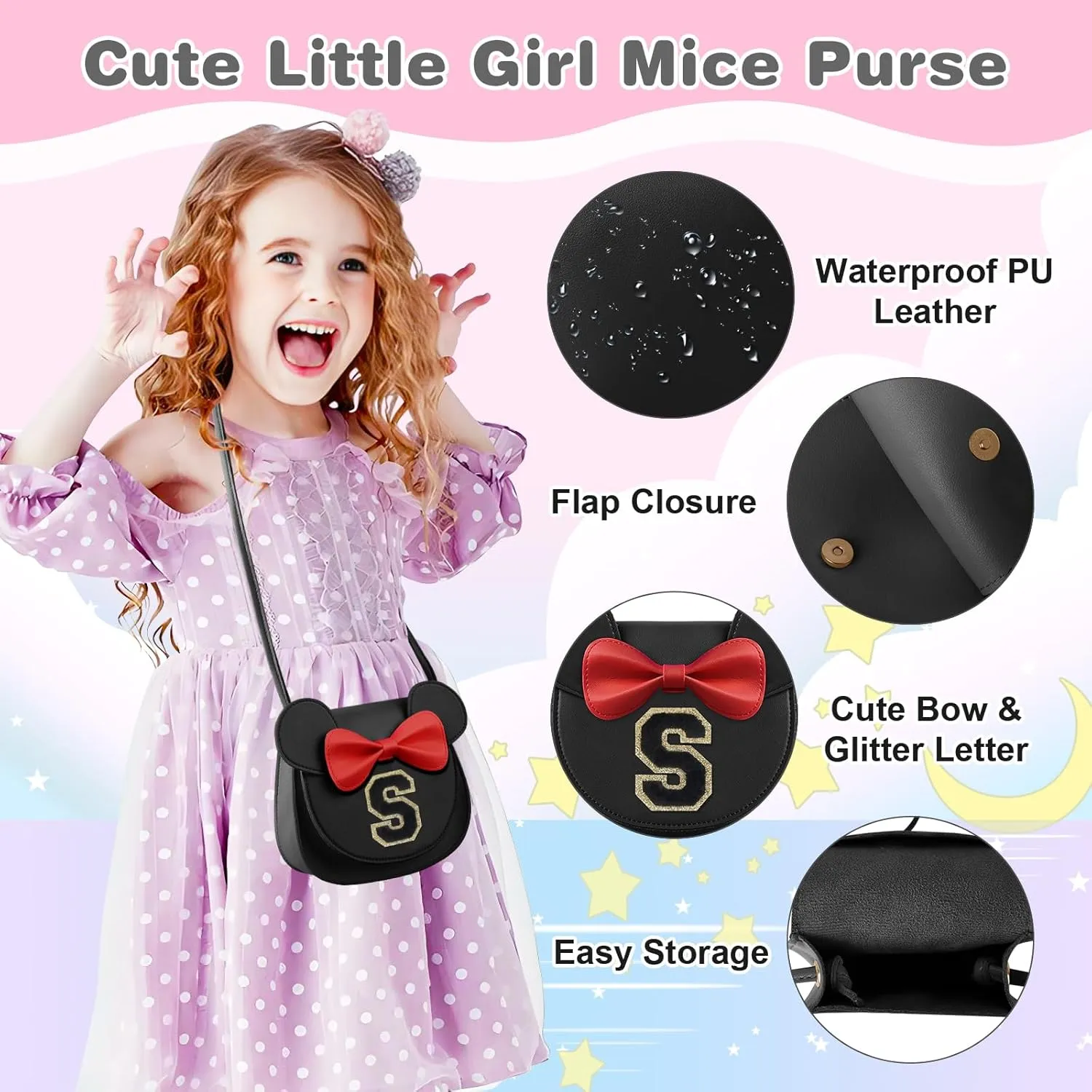 Little Girl Toddler Purse - Cute Mouse Ear Bow Crossbody Bag for 2-8 Year Olds - Birthday Gift