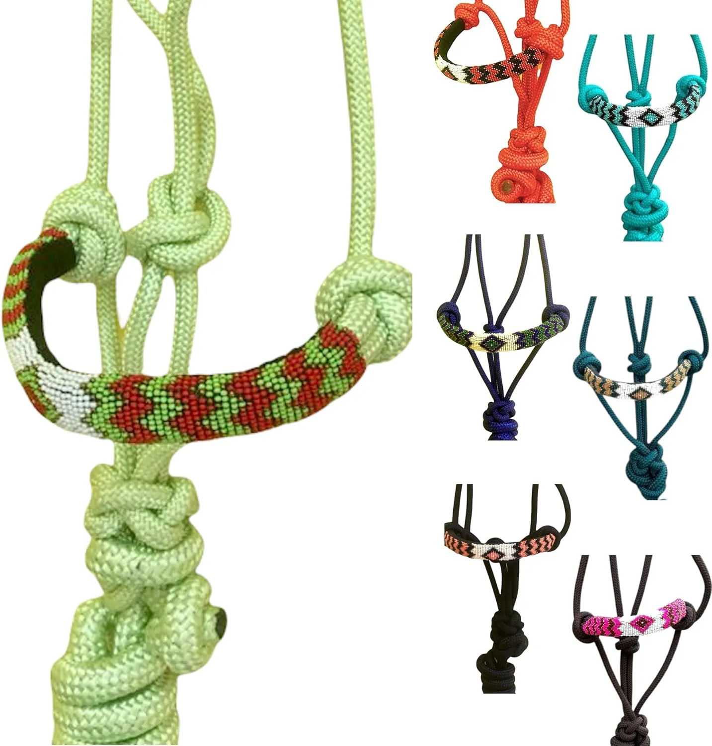 Majestic Ally Padded Beaded Nose Braided Rope Halter with 10' Matching Lead - Full (Lime Green)