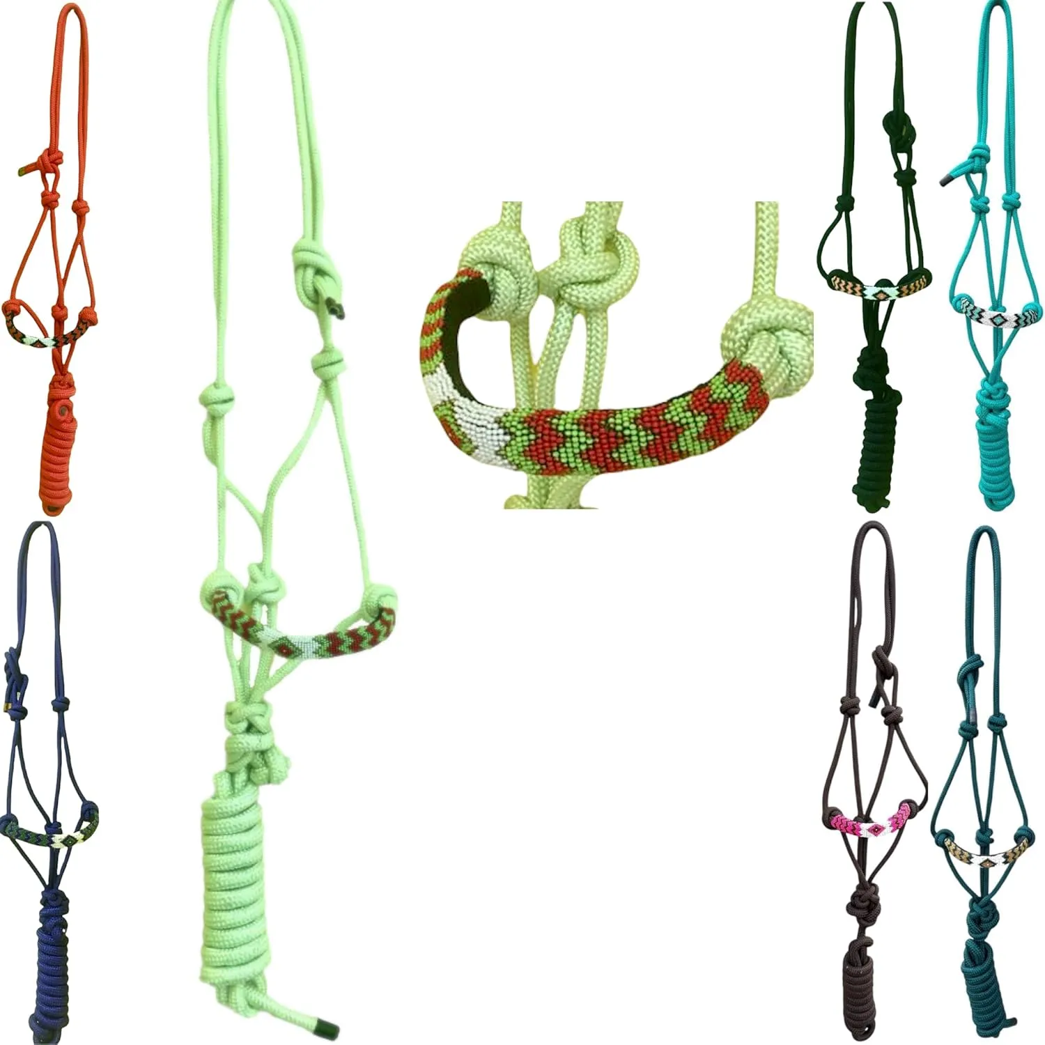 Majestic Ally Padded Beaded Nose Braided Rope Halter with 10' Matching Lead - Full (Lime Green)