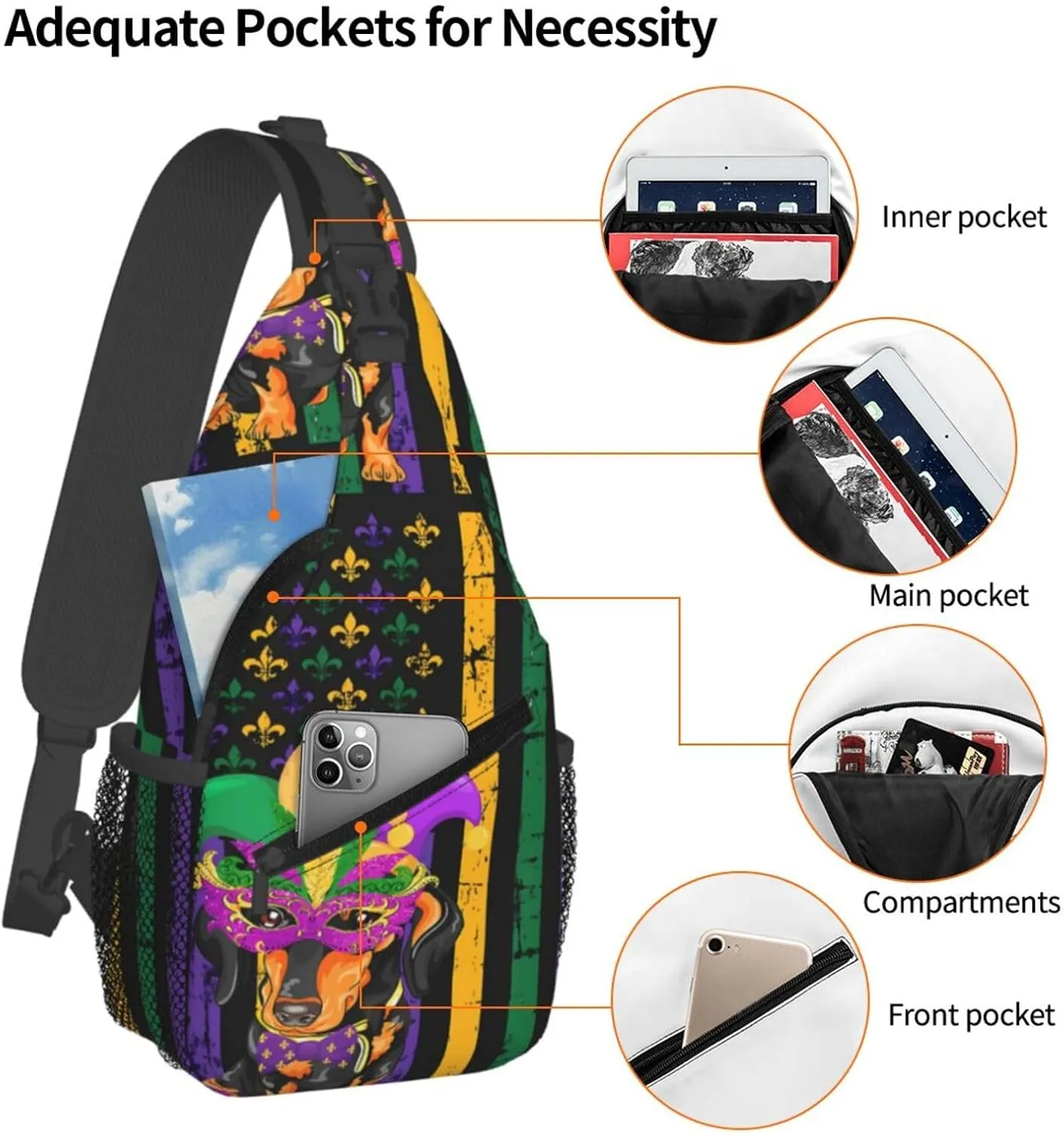 Mardi Gras American Flag Carnival Celebration Sling Bag Crossbody Bag Casual Chest Bags Travel Shoulder Backpack