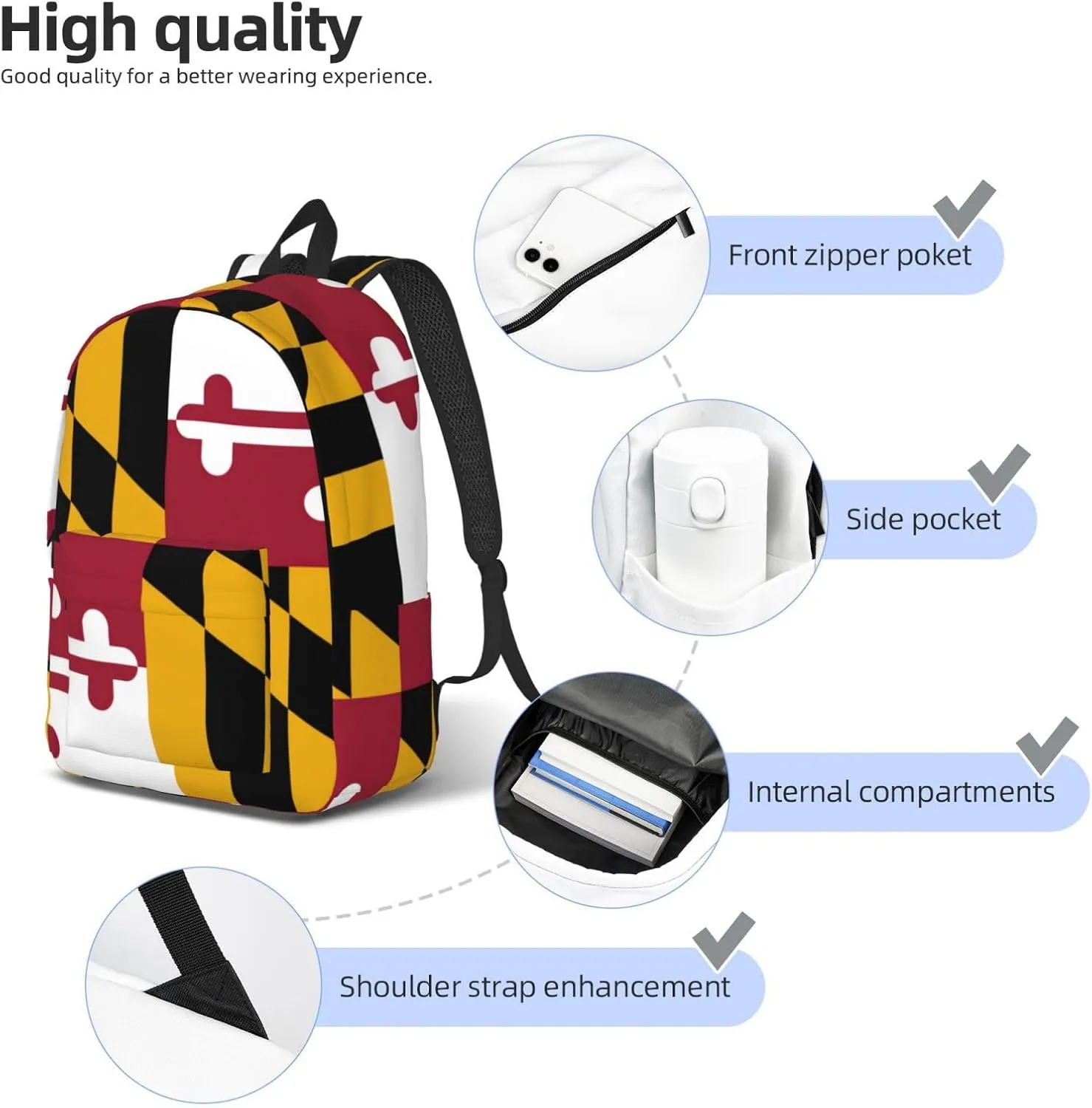 Maryland State Flag Print Laptop Backpack For Women Travel Canvas Bookbag For Men Outdoor Fashion Casual Daypack