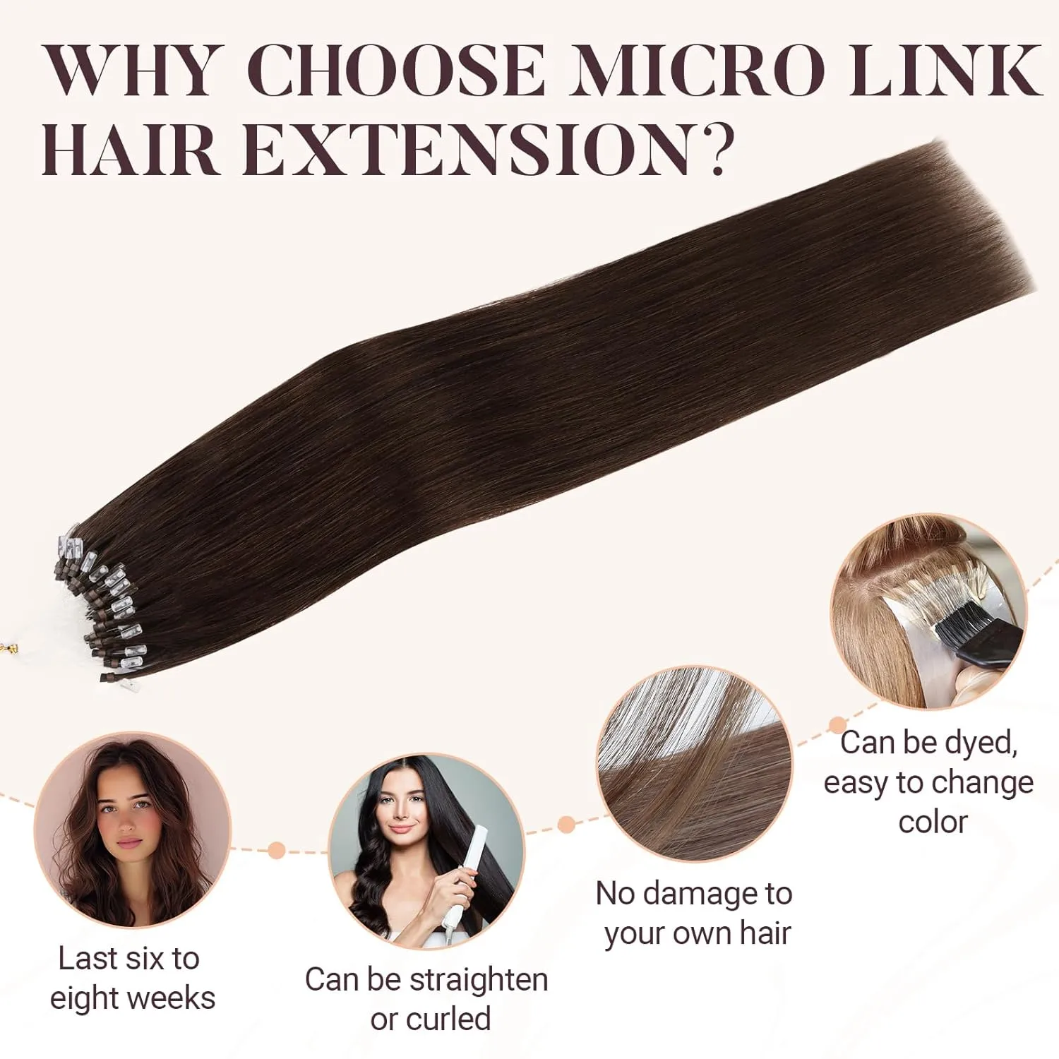 MAXITA Microlink Hair Extensions Human Hair, Chocolate Brown Micro Bead Hair Extensions Virgin Human Hair, 50g/50 Strands/Pack, 14 In