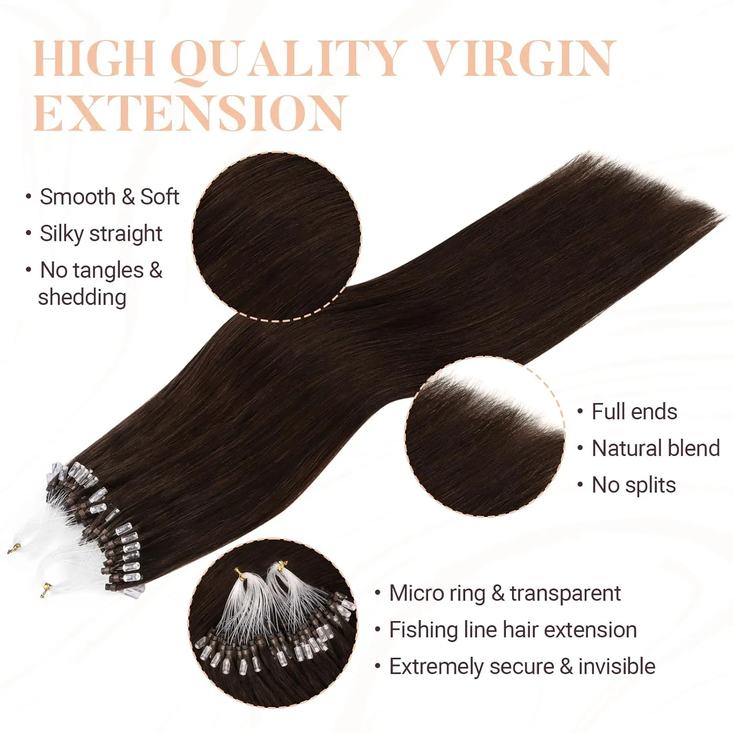 MAXITA Microlink Hair Extensions Human Hair, Chocolate Brown Micro Bead Hair Extensions Virgin Human Hair, 50g/50 Strands/Pack, 14 In