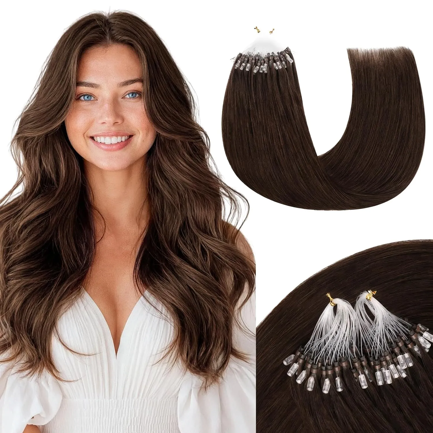 MAXITA Microlink Hair Extensions Human Hair, Chocolate Brown Micro Bead Hair Extensions Virgin Human Hair, 50g/50 Strands/Pack, 14 In