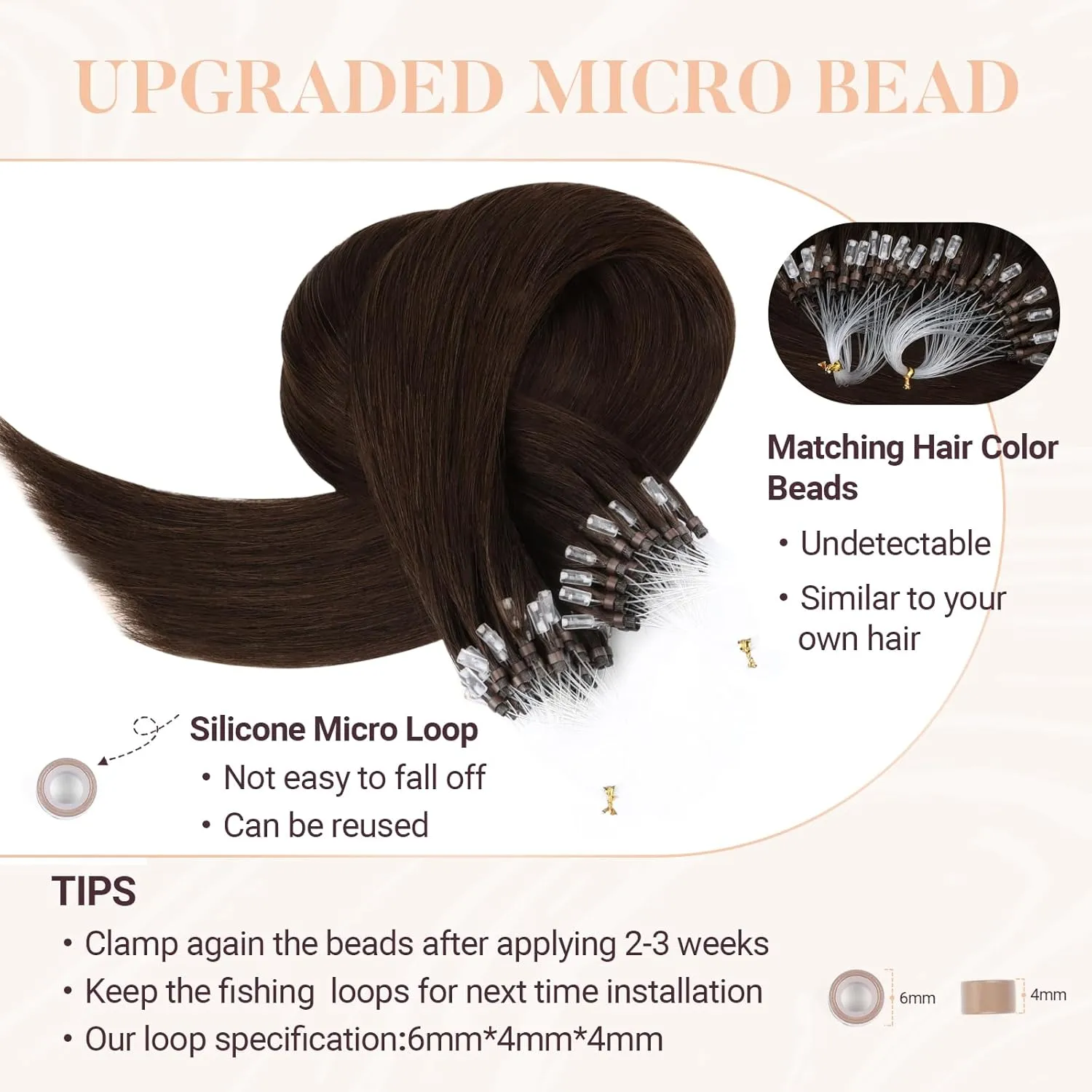 MAXITA Microlink Hair Extensions Human Hair, Chocolate Brown Micro Bead Hair Extensions Virgin Human Hair, 50g/50 Strands/Pack, 14 In