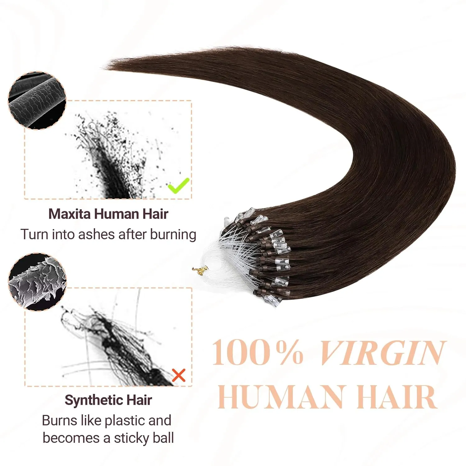 MAXITA Microlink Hair Extensions Human Hair, Chocolate Brown Micro Bead Hair Extensions Virgin Human Hair, 50g/50 Strands/Pack, 14 In