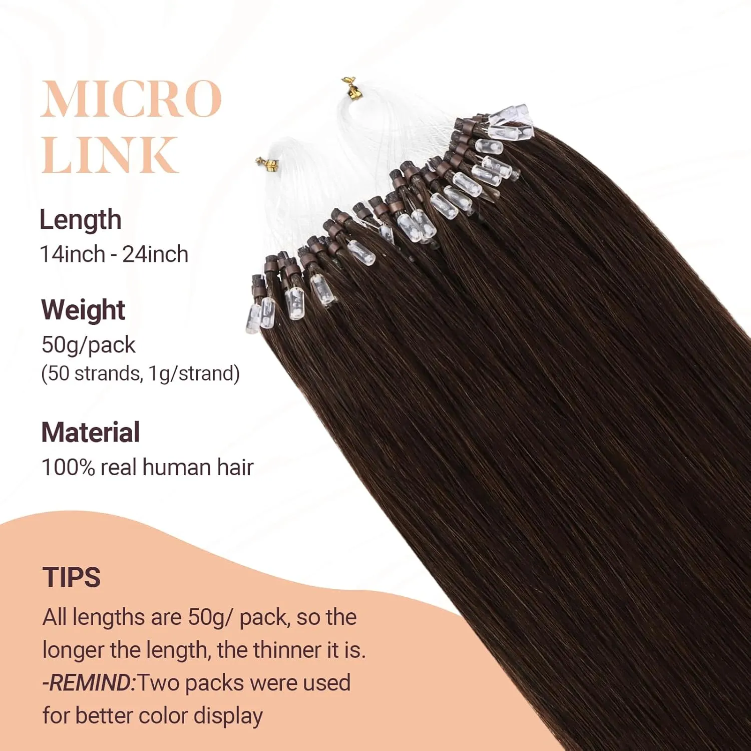 MAXITA Microlink Hair Extensions Human Hair, Chocolate Brown Micro Bead Hair Extensions Virgin Human Hair, 50g/50 Strands/Pack, 14 In