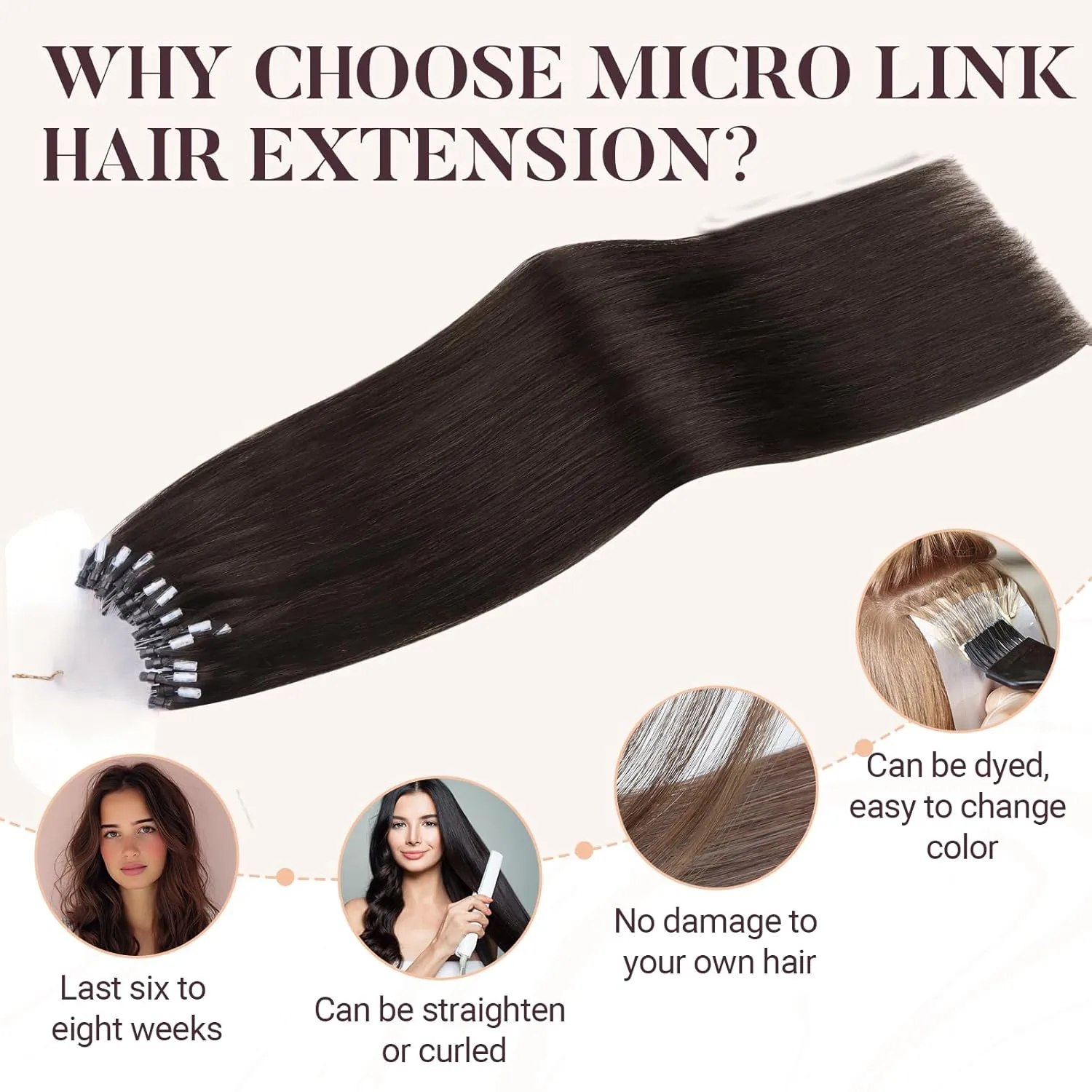 MAXITA Microlink Hair Extensions Human Hair Dark Brown Micro Bead Hair Extensions Virgin Human Hair, 50g/50 Strands/Pack, 24 In