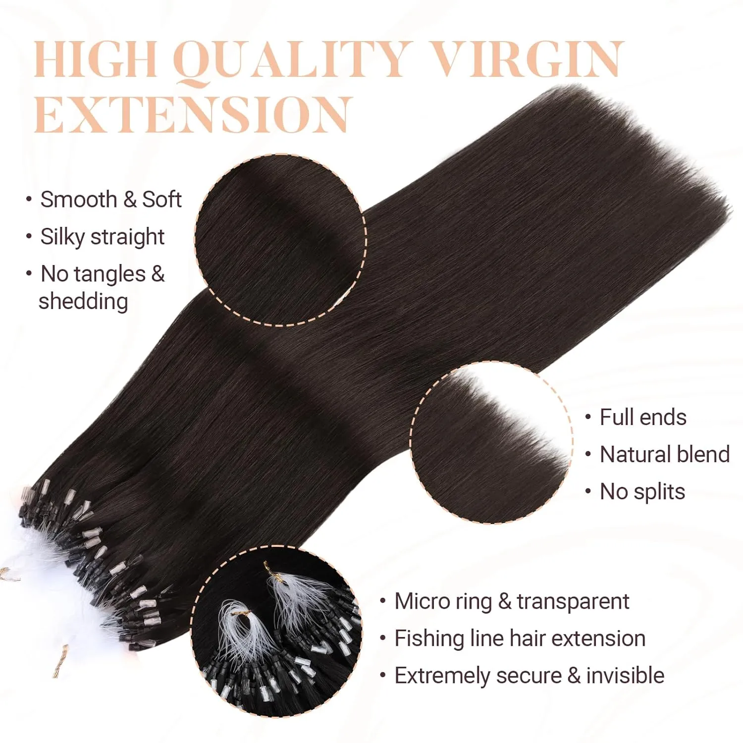 MAXITA Microlink Hair Extensions Human Hair Dark Brown Micro Bead Hair Extensions Virgin Human Hair, 50g/50 Strands/Pack, 24 In