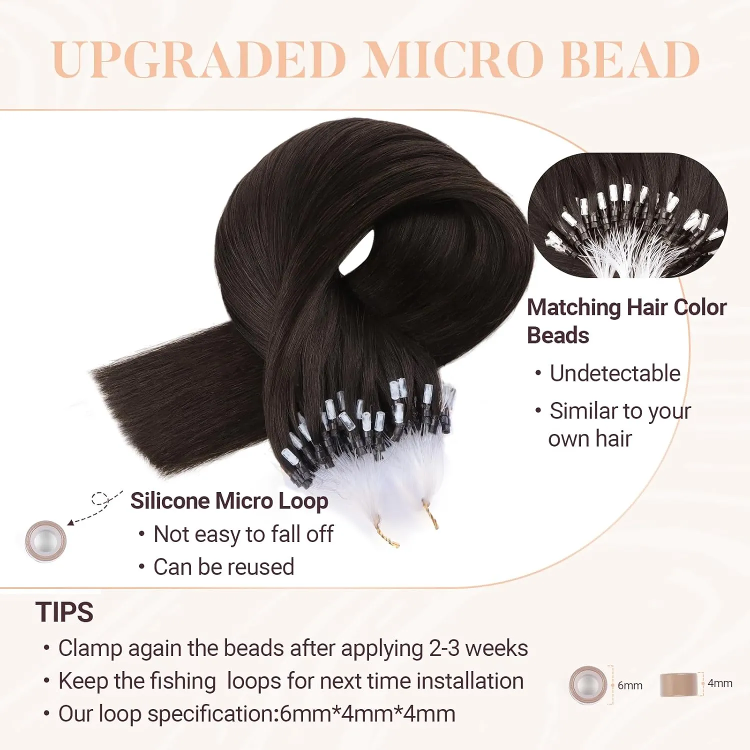 MAXITA Microlink Hair Extensions Human Hair Dark Brown Micro Bead Hair Extensions Virgin Human Hair, 50g/50 Strands/Pack, 24 In