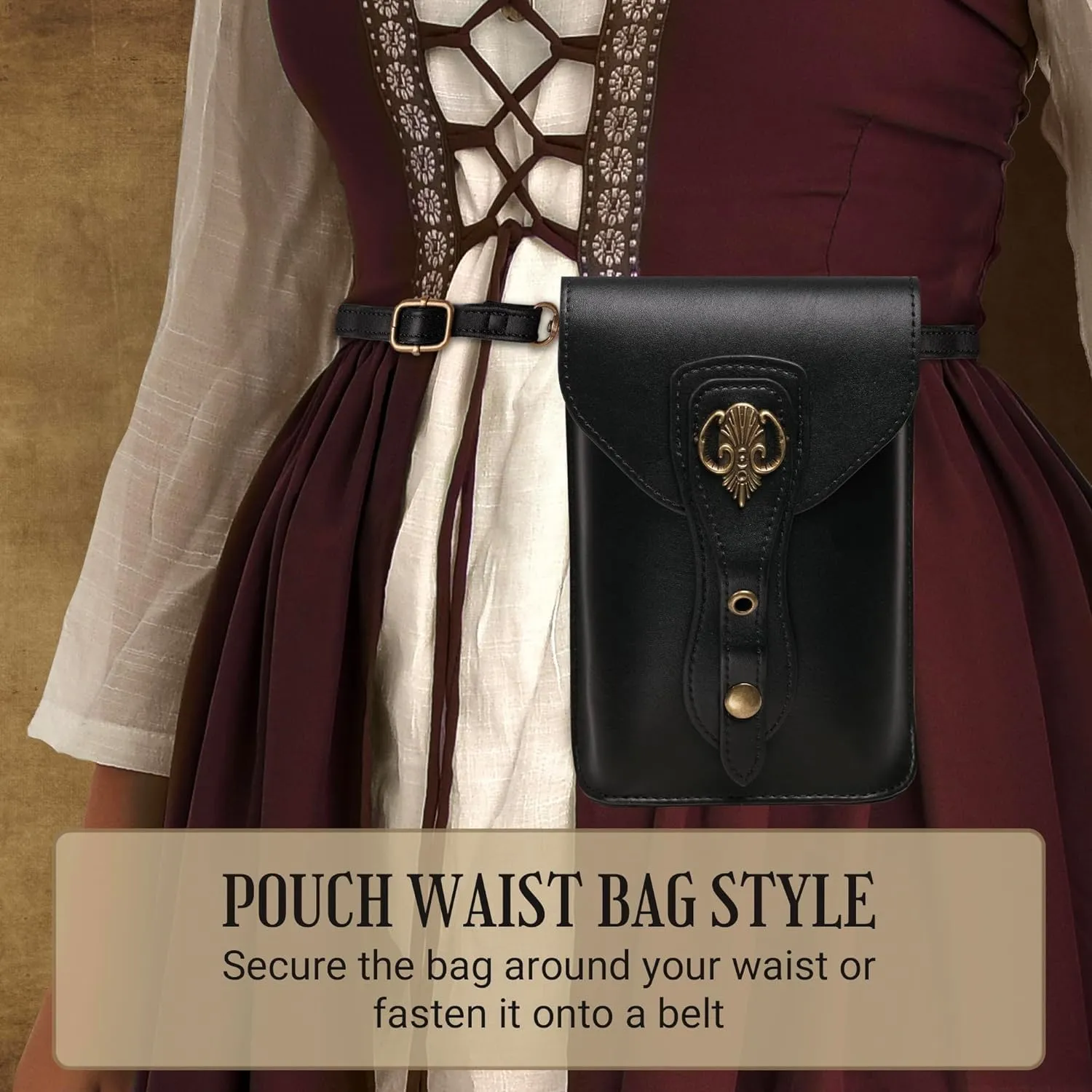 Medieval Leather Belt Pouch – Versatile Renaissance Bag for Ren Faire, Crossbody Cell Phone Holder, and Fairy Accessories - Black