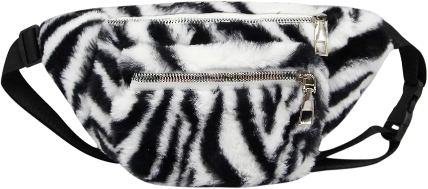 Men Women Zebra Print Faux Fur Fanny Pack Fashion Plush Waist Pack Crossbody Chest Bag