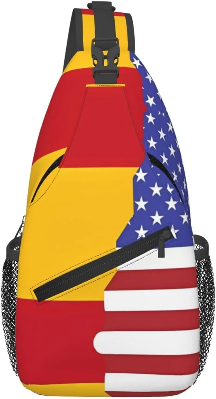 Men's American Spain Flag printed casual crossbody bag, chest bag, adjustable shoulder strap, suitable for daily travel