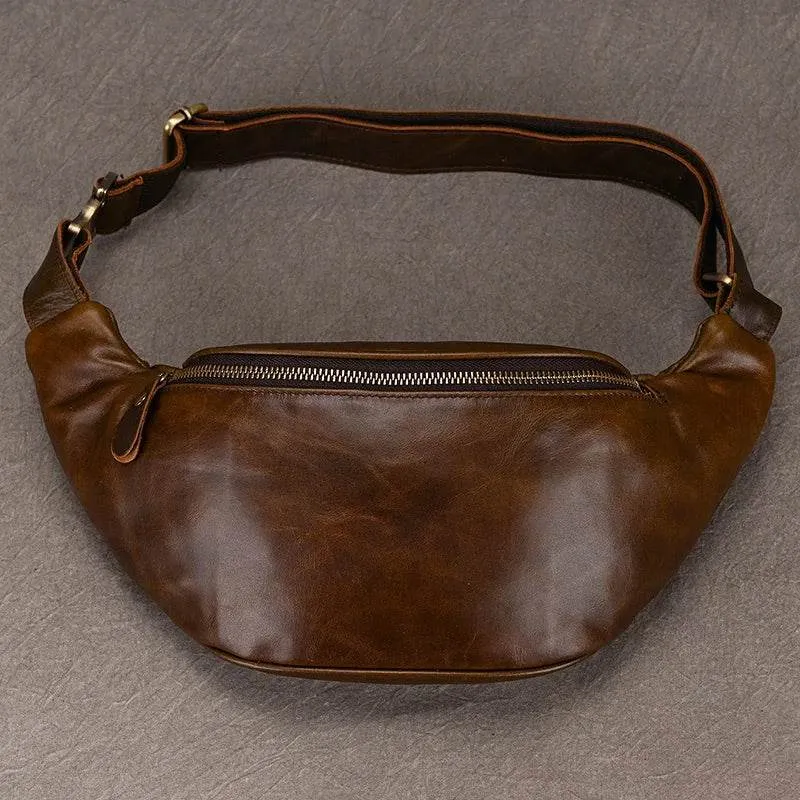 Men's Leather Chest Bag Soft Cowskin Sport Waist Pack for Male