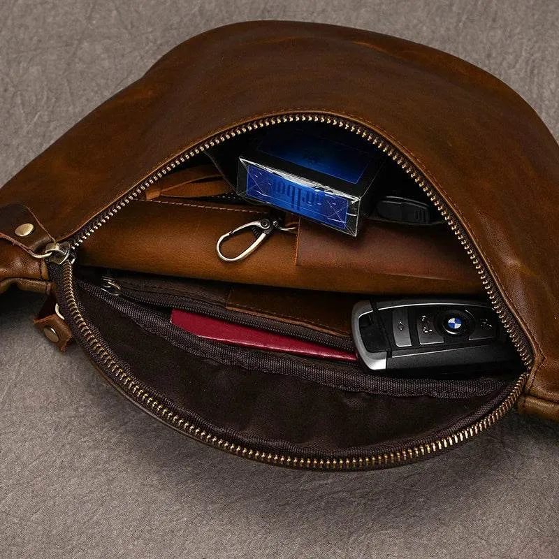Men's Leather Chest Bag Soft Cowskin Sport Waist Pack for Male