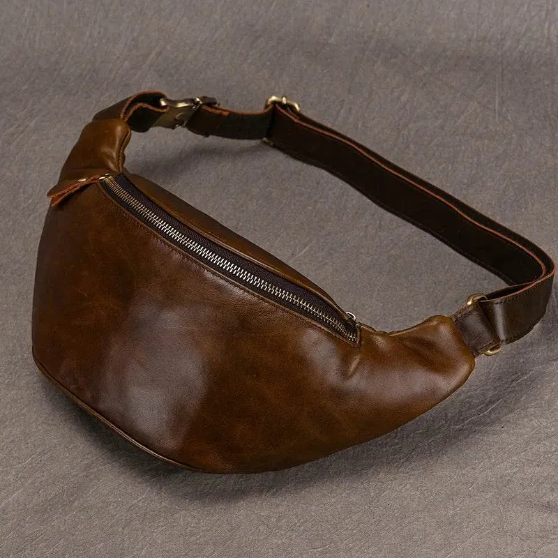 Men's Leather Chest Bag Soft Cowskin Sport Waist Pack for Male