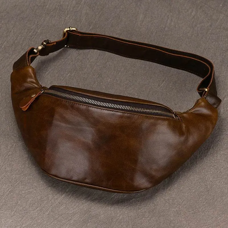 Men's Leather Chest Bag Soft Cowskin Sport Waist Pack for Male