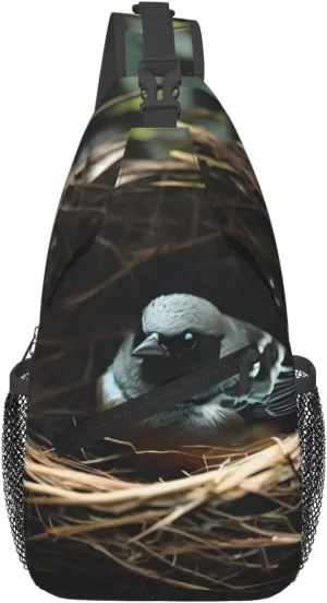 Men's Little bird nest printed casual crossbody bag, chest bag, adjustable shoulder strap, suitable for daily travel