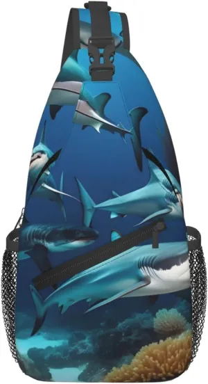 Men's Submarine shark coral printed casual crossbody bag, chest bag, adjustable shoulder strap, suitable for daily travel