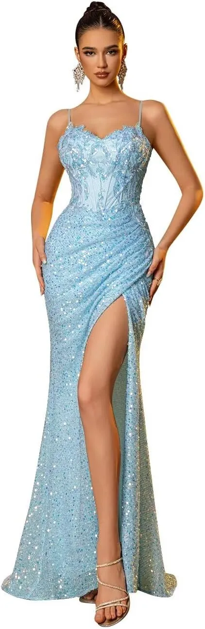 Mermaid Evening Gowns for Women Formal Sequin Prom Dresses with Slit Beaded Sparkly Homecoming Dresses Long 2025