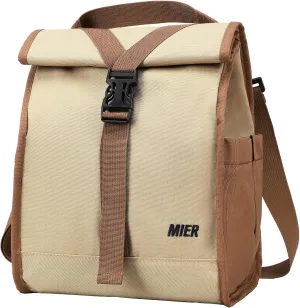 MIER Insulated Lunch Bag Roll Top Lunchbox for Women Men Adults Foldable Rolltop Lunch Tote with Shoulder Strap for Work Office Picnic, Water Bottle Holder, Khaki