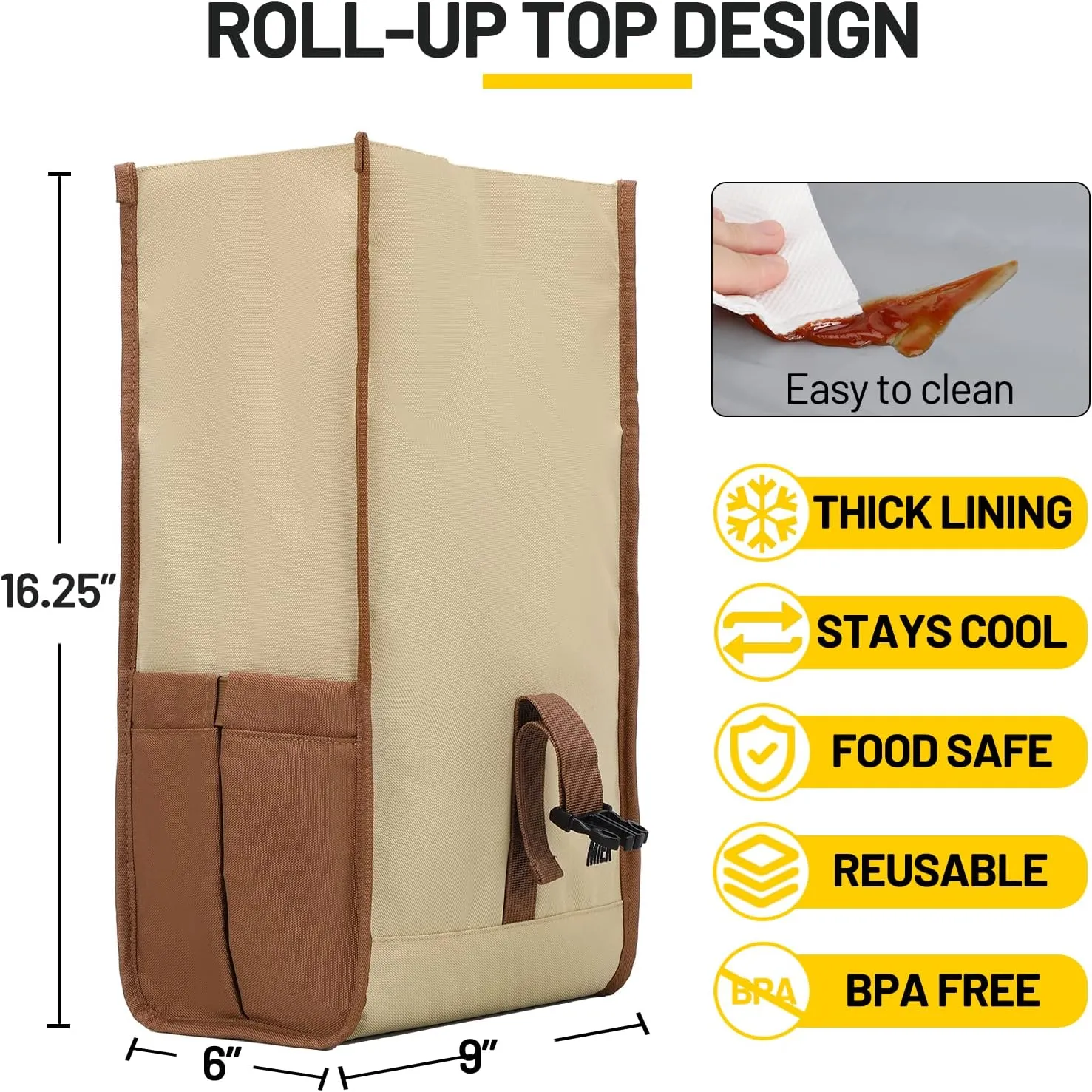 MIER Insulated Lunch Bag Roll Top Lunchbox for Women Men Adults Foldable Rolltop Lunch Tote with Shoulder Strap for Work Office Picnic, Water Bottle Holder, Khaki