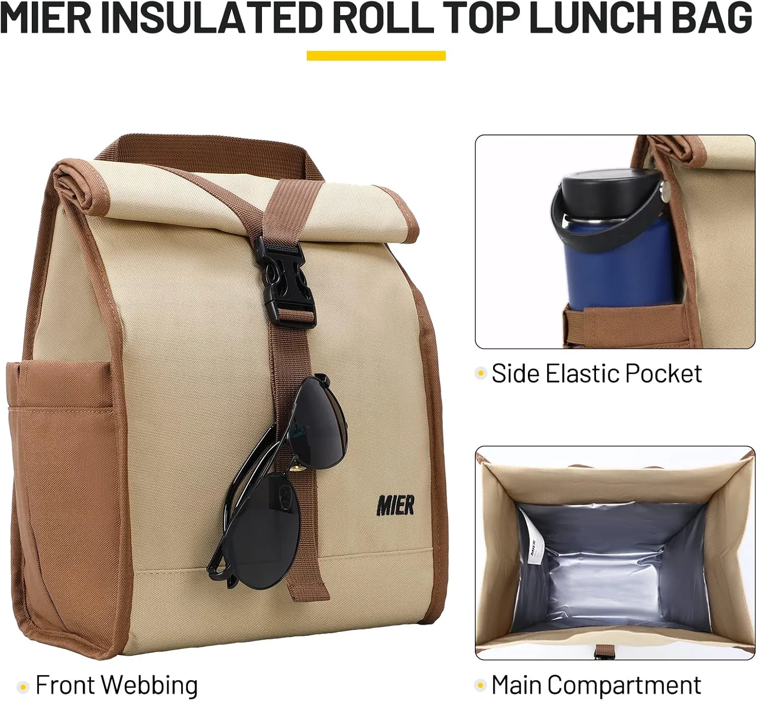 MIER Insulated Lunch Bag Roll Top Lunchbox for Women Men Adults Foldable Rolltop Lunch Tote with Shoulder Strap for Work Office Picnic, Water Bottle Holder, Khaki