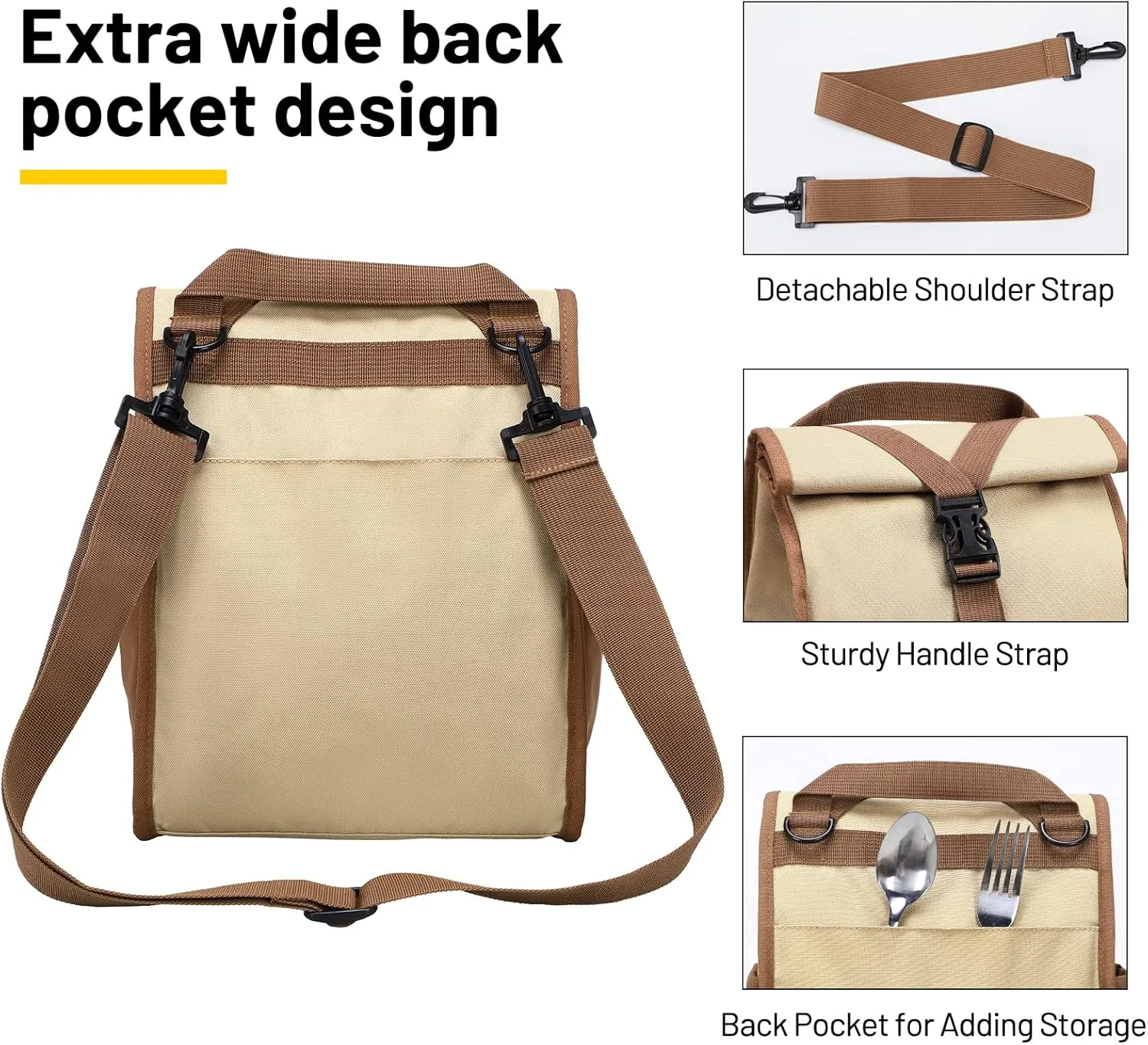 MIER Insulated Lunch Bag Roll Top Lunchbox for Women Men Adults Foldable Rolltop Lunch Tote with Shoulder Strap for Work Office Picnic, Water Bottle Holder, Khaki