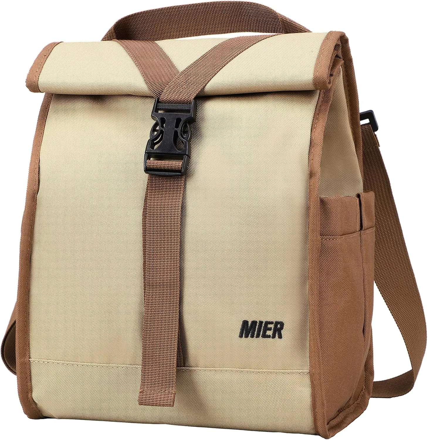 MIER Insulated Lunch Bag Roll Top Lunchbox for Women Men Adults Foldable Rolltop Lunch Tote with Shoulder Strap for Work Office Picnic, Water Bottle Holder, Khaki
