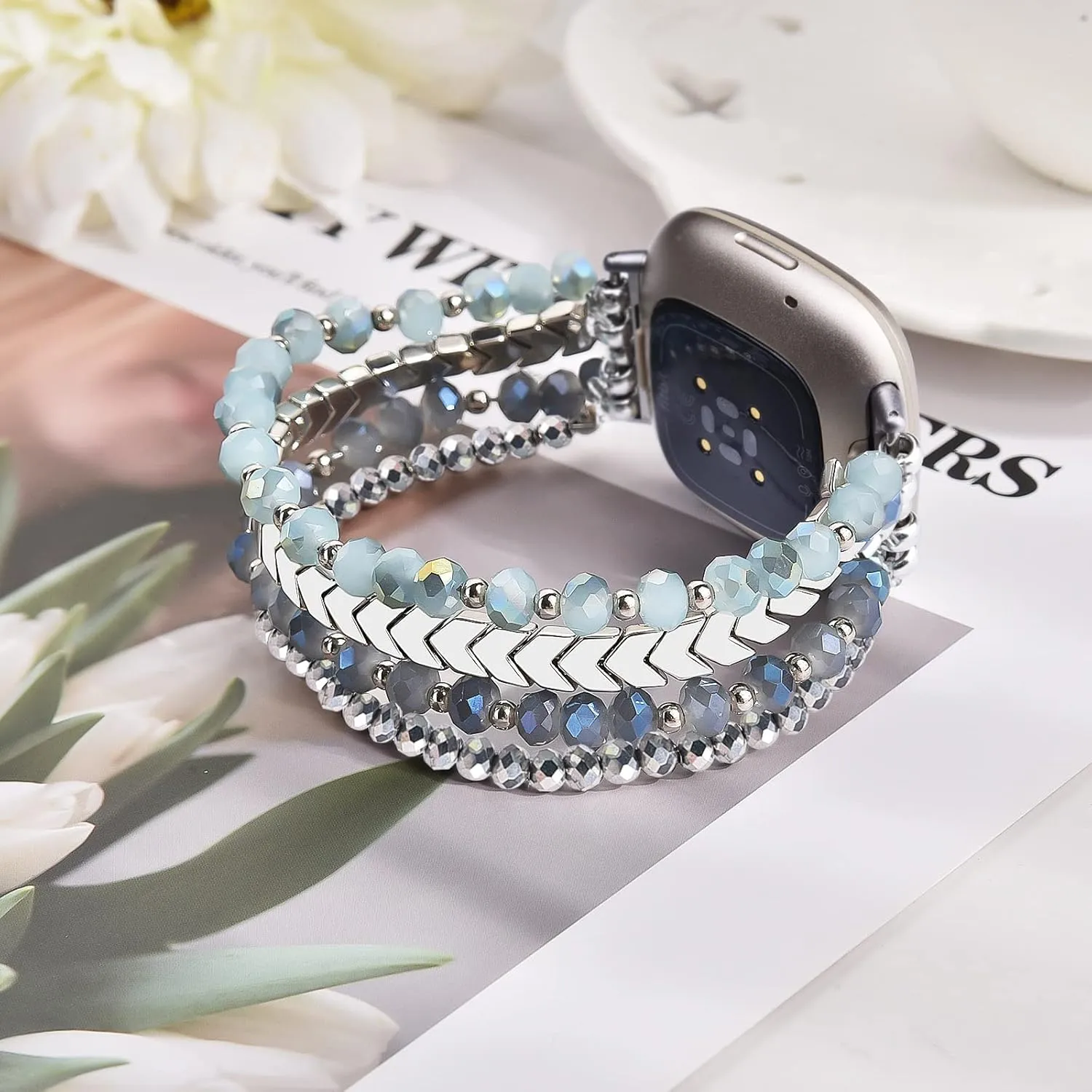 MOFREE Bracelet Compatible with Fitbit Versa 3/Versa 4 Bands/Fitbit Sense/Sense 2 Bands for Women, Handmade Fashion Elastic Beadeds Arrows Strap Replacement for Fitbit Versa 4/Versa 3/Sense 2/Sense