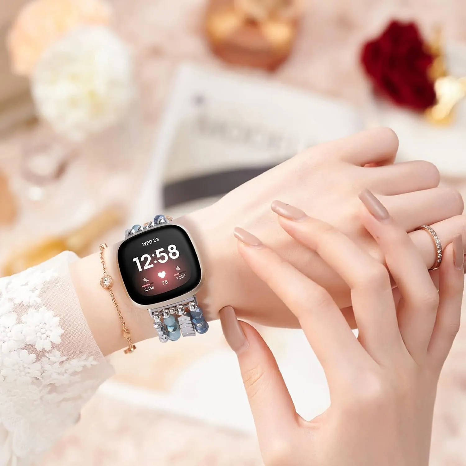 MOFREE Bracelet Compatible with Fitbit Versa 3/Versa 4 Bands/Fitbit Sense/Sense 2 Bands for Women, Handmade Fashion Elastic Beadeds Arrows Strap Replacement for Fitbit Versa 4/Versa 3/Sense 2/Sense