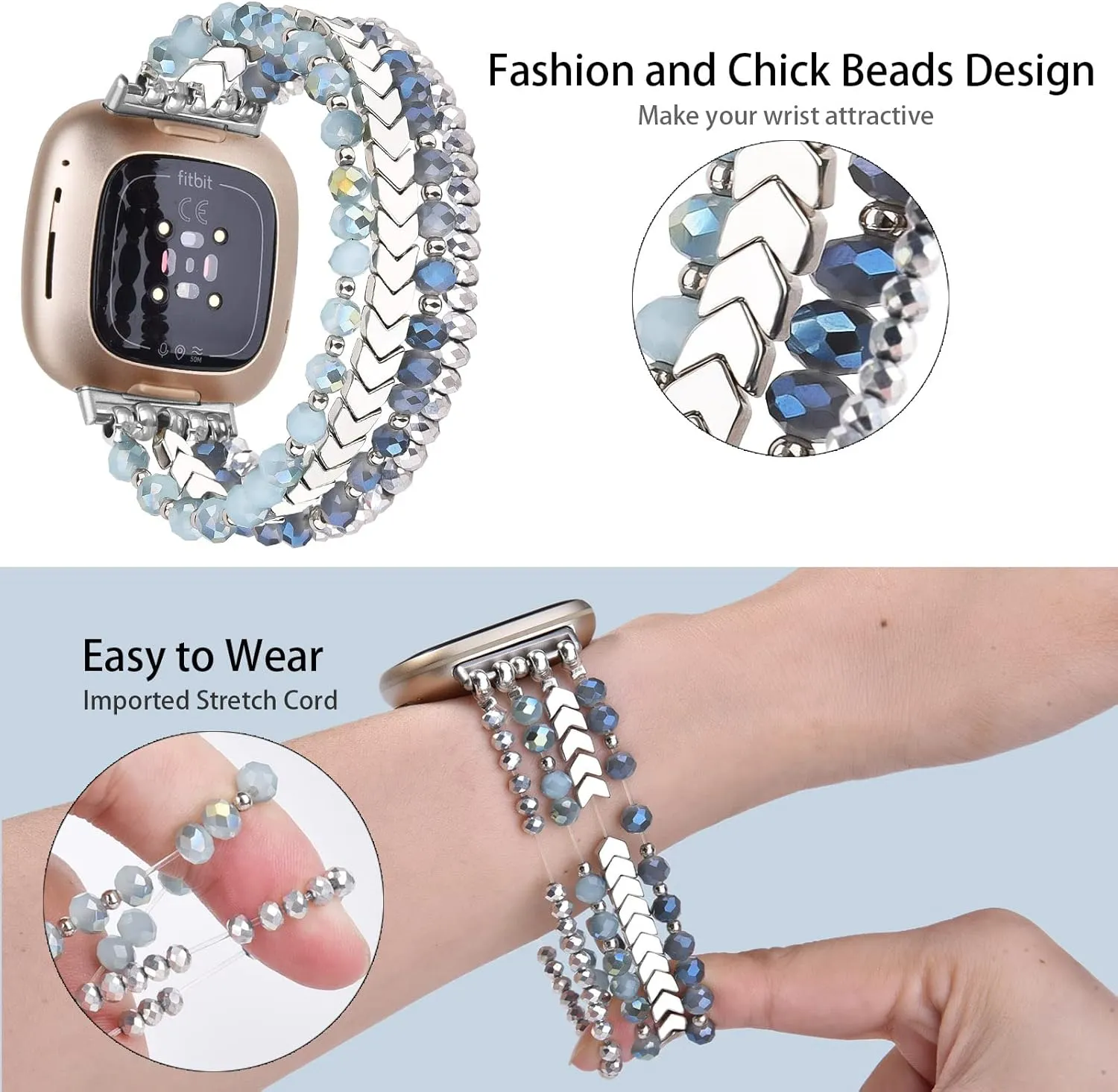 MOFREE Bracelet Compatible with Fitbit Versa 3/Versa 4 Bands/Fitbit Sense/Sense 2 Bands for Women, Handmade Fashion Elastic Beadeds Arrows Strap Replacement for Fitbit Versa 4/Versa 3/Sense 2/Sense