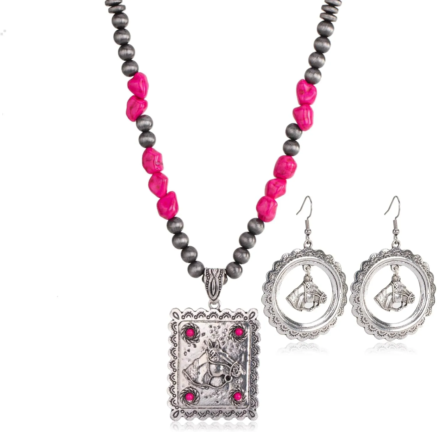 Montana West Wrangler 3 Pieces Jewelry Set for Women Western Cowgirl Necklace Earring Set.