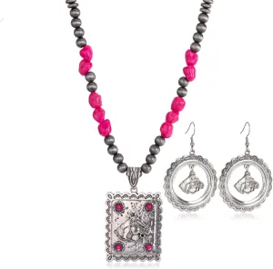 Montana West Wrangler 3 Pieces Jewelry Set for Women Western Cowgirl Necklace Earring Set.