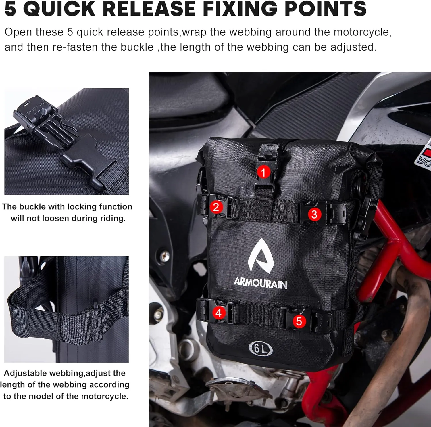 Motorcycle Bumpers Bag Waterproof 6L Motor Crash Bar Bag with Shoulder Strap Motorcycles Side Frame Bag Riding Tools Accessories (TPU Black)