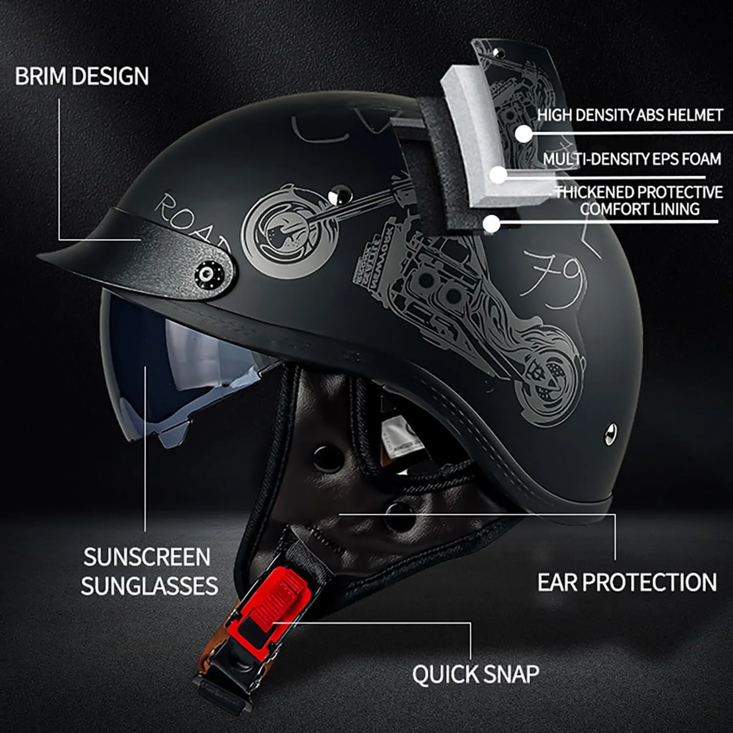 Motorcycle Half Helmet with Sun Visor, Quick Release Buckle, DOT Approved