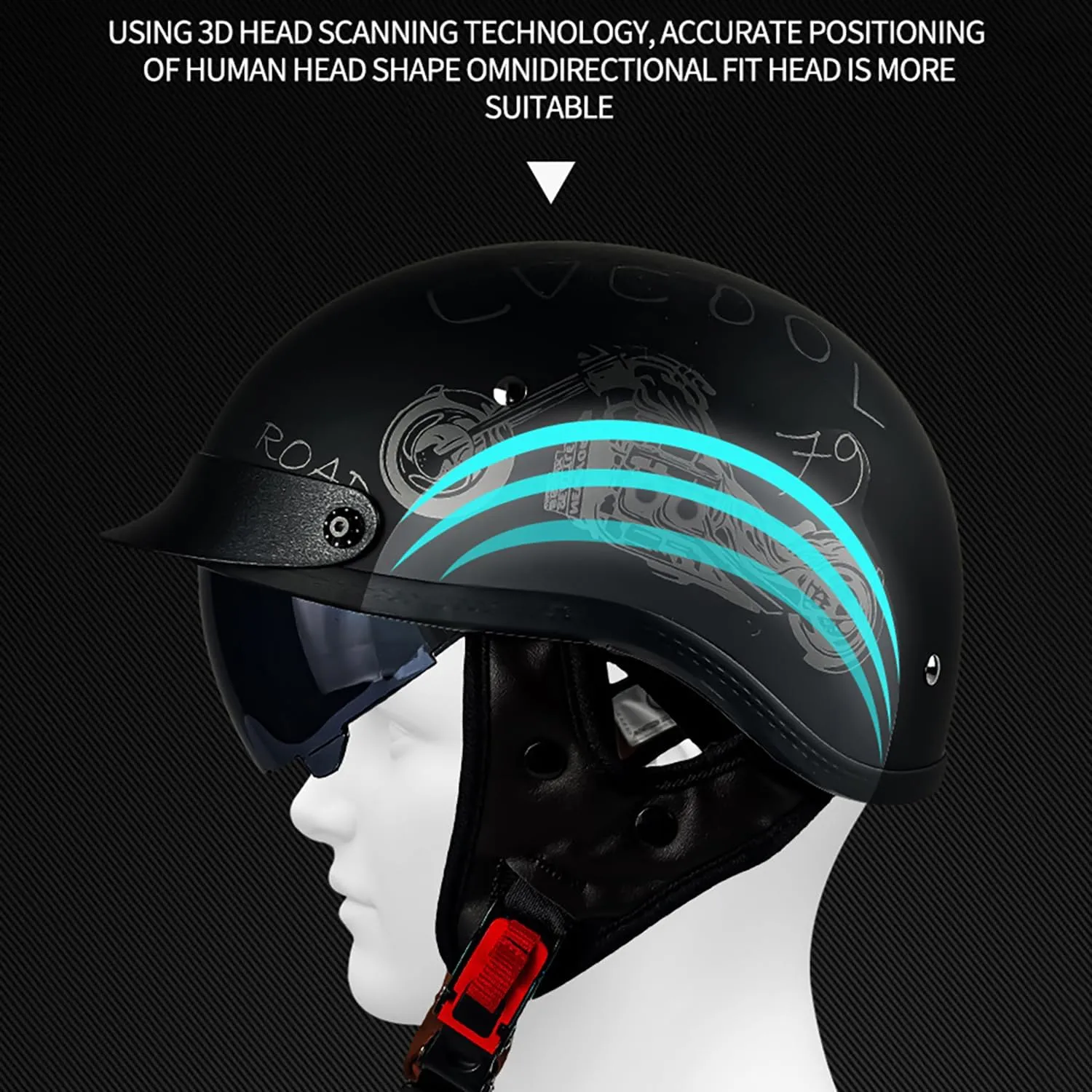 Motorcycle Half Helmet with Sun Visor, Quick Release Buckle, DOT Approved