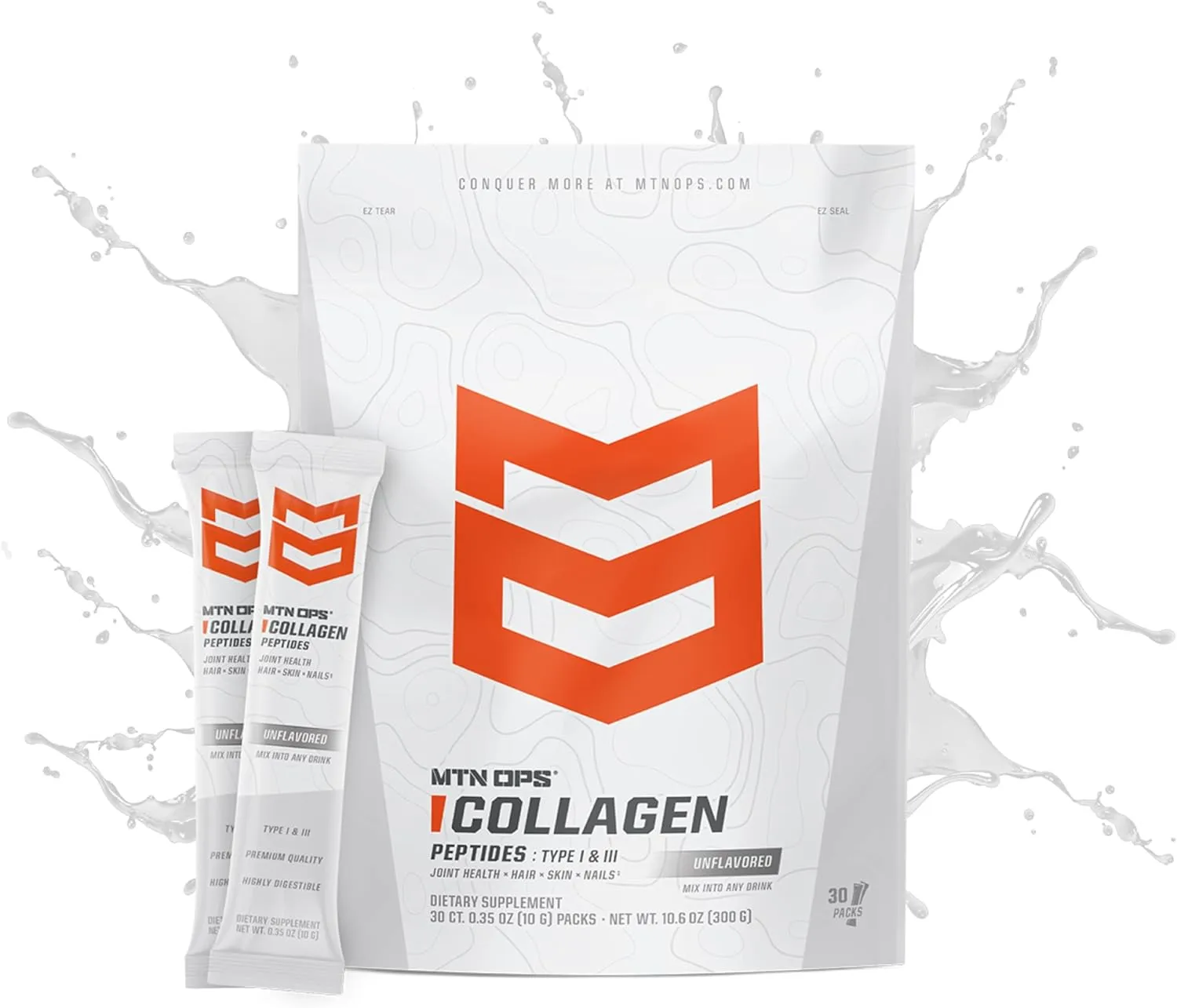 MTN OPS Collagen Protein Powder On-The-Go Packs, 30 Packs per Bag of Unflavored, Highly Digestible Protein with 9g of Protein per Serving