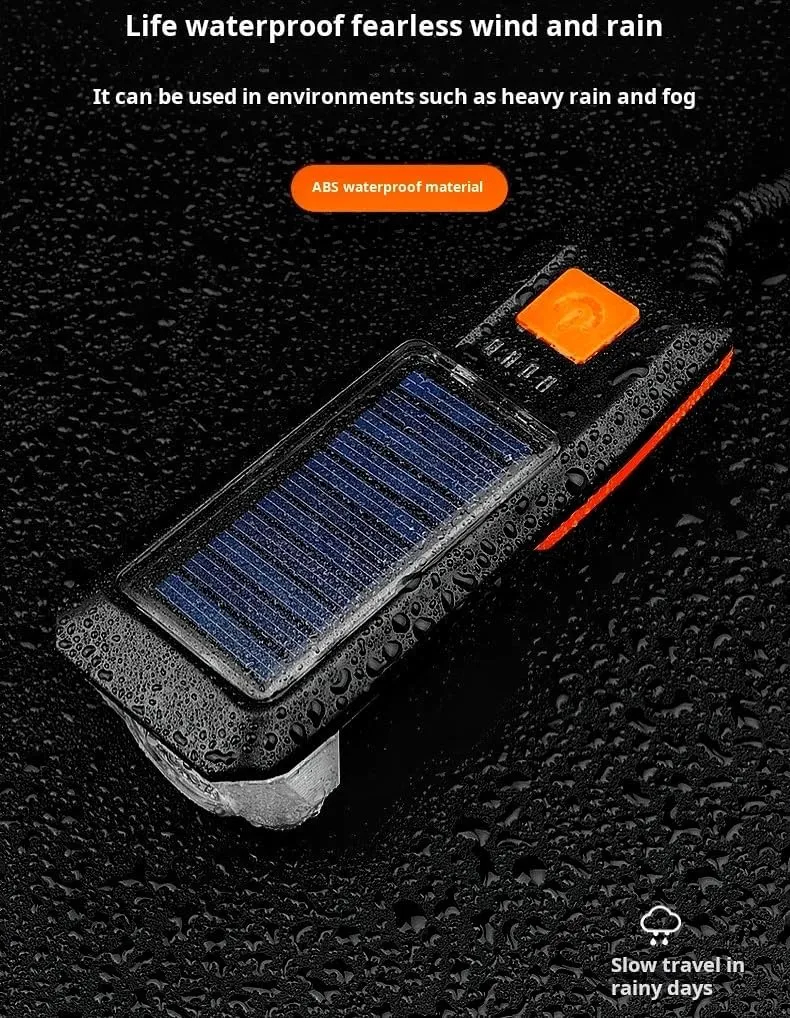 Multi-Functional Solar-Powered and USB Rechargeable Mountain Bike Night Cycling High Brightness Bike Front Light and 120dB Horn Bicycle Charging Light