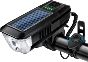 Multi-Functional Solar-Powered and USB Rechargeable Mountain Bike Night Cycling High Brightness Bike Front Light and 120dB Horn Bicycle Charging Light