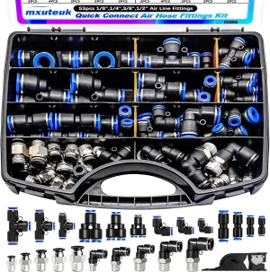mxuteuk Quick Connect Air Hose Fittings Kit,1/8",1/4",3/8",1/2" Push to Connect Fitting,Air Line Quick Connect Fittings,Quick Release Pneumatic Kit (53PCS)