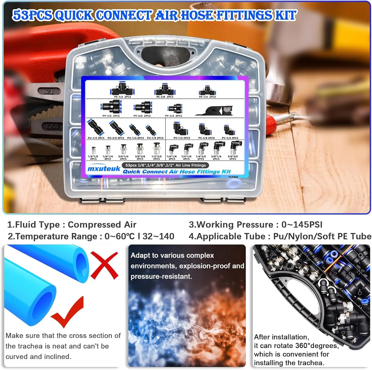 mxuteuk Quick Connect Air Hose Fittings Kit,1/8",1/4",3/8",1/2" Push to Connect Fitting,Air Line Quick Connect Fittings,Quick Release Pneumatic Kit (53PCS)