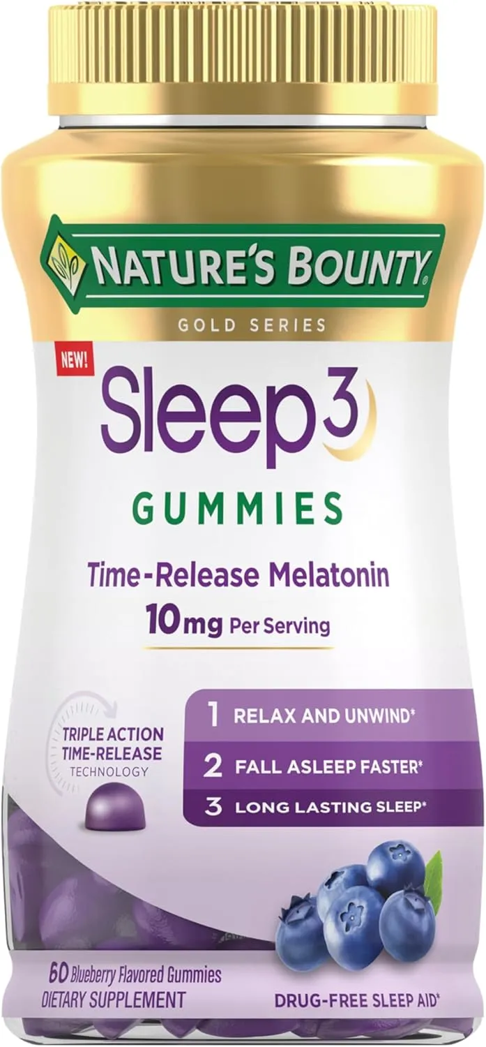 Nature's Bounty Sleep3 Gummies, Triple Action Time-Release Sleep Aid, Melatonin 10mg, Blueberry Flavor, 60 Gummies