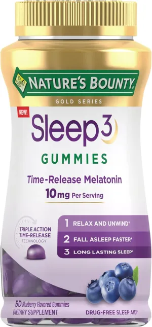 Nature's Bounty Sleep3 Gummies, Triple Action Time-Release Sleep Aid, Melatonin 10mg, Blueberry Flavor, 60 Gummies