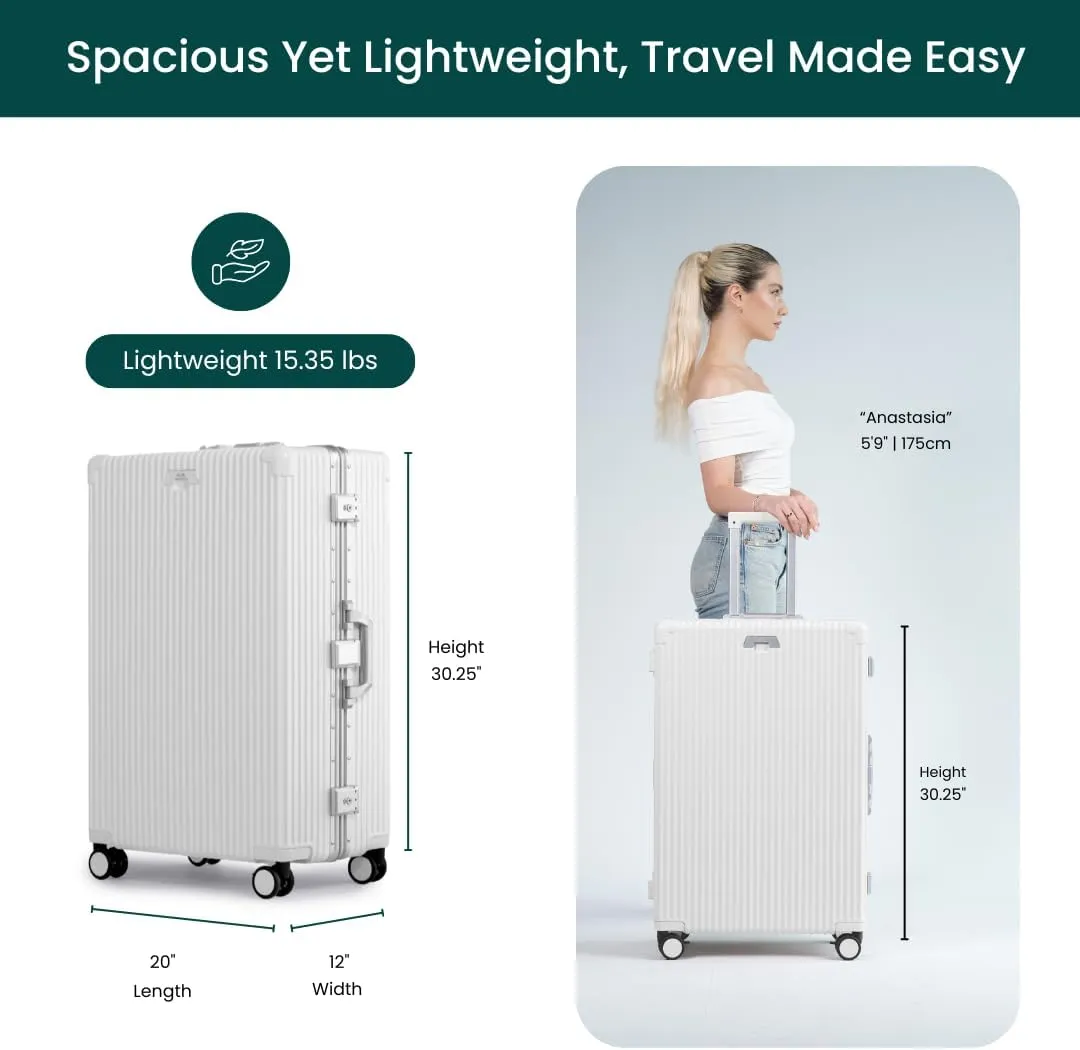 Nobl Travel Zipperless Check In Suitcase - Aluminum Frame, Check In luggage 30.25x20x12 Airline Approved by Noble Travel - Unbreakable Polycarbonate Shell - Dual TSA Locks, 360° Spinner Wheels - White